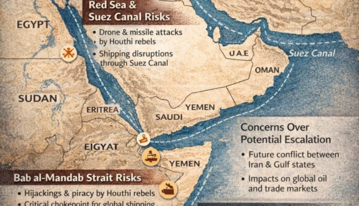 Maritime security risks in the Middle East affecting global shipping routes including the Red Sea, Bab al-Mandab and Strait of Hormuz