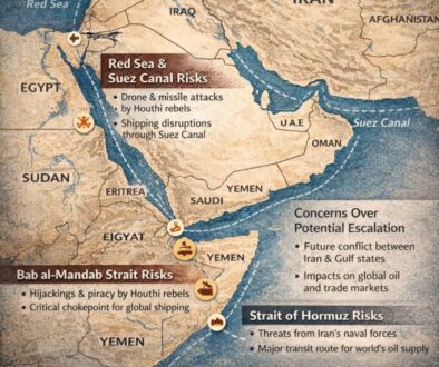 Maritime security risks in the Middle East affecting global shipping routes including the Red Sea, Bab al-Mandab and Strait of Hormuz