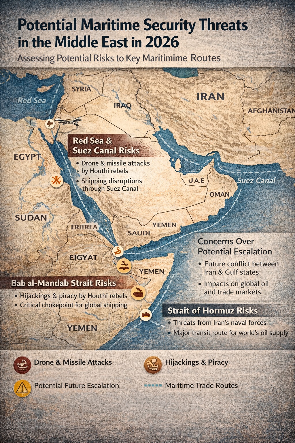Maritime security risks in the Middle East affecting global shipping routes including the Red Sea, Bab al-Mandab and Strait of Hormuz
